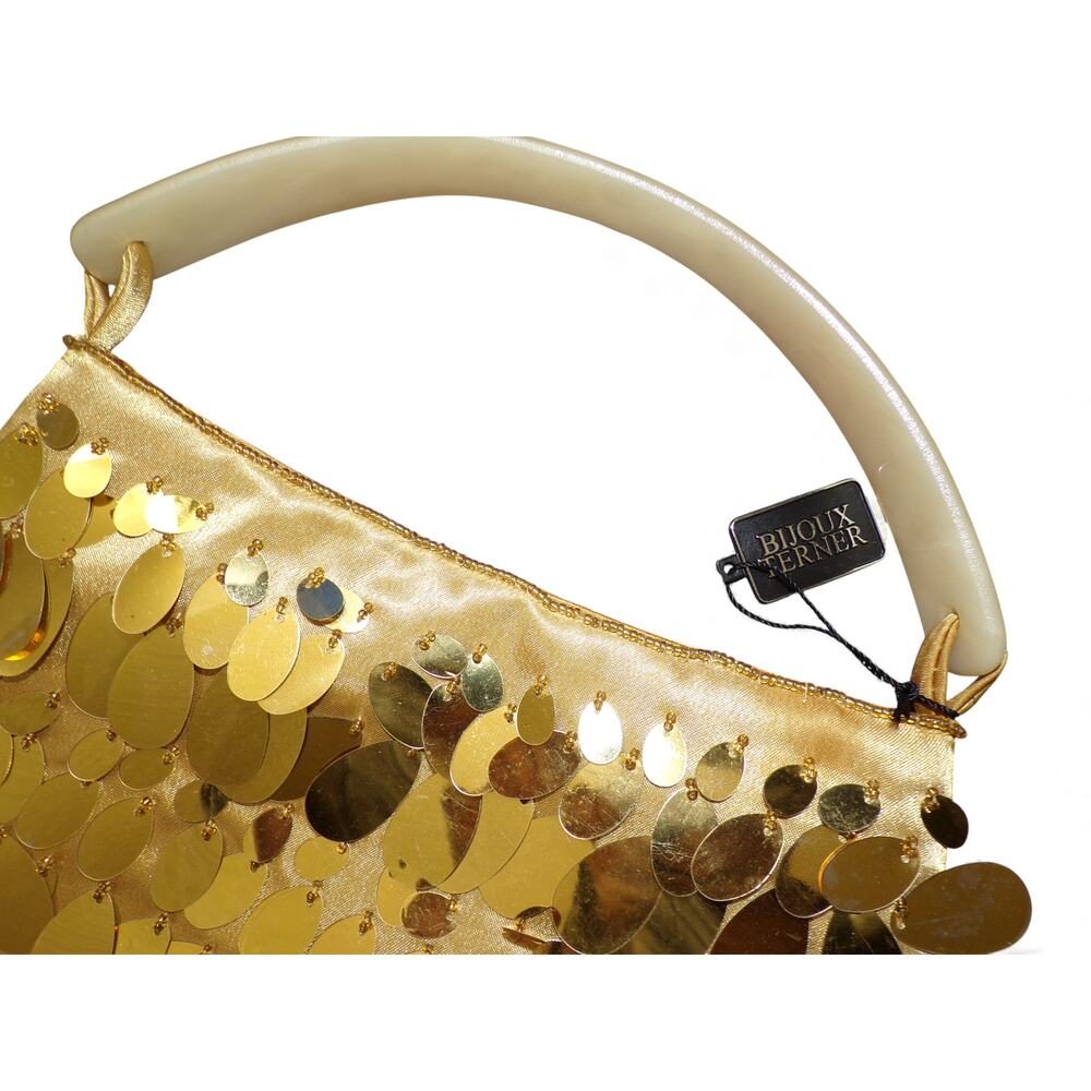 Bijoux Terner Bag Gold Beads Metal Teardrop Decoration Satin Vtg Plastic Handle - Picture 4 of 5